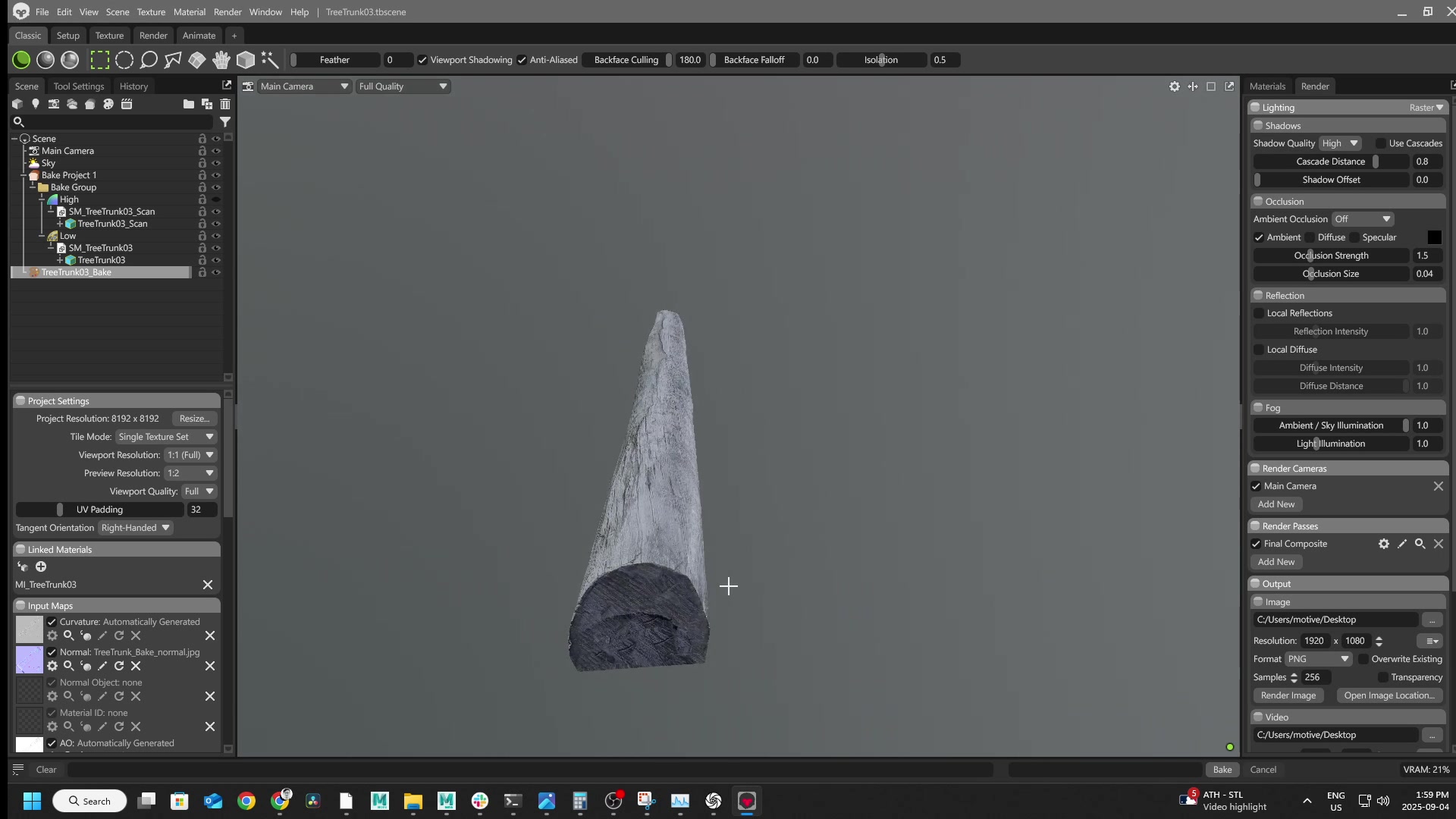 Marmoset Toolbag bake setup: a tree trunk scan with high-poly and low-poly groups in the scene hierarchy, normal and detail maps queued for export