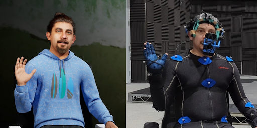 Real performer in MoCap suit and head-mounted camera (right) driving their own MetaHuman digital character in Unreal Engine in real time (left)