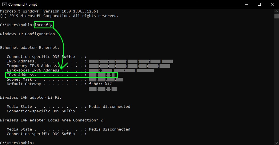 Running ipconfig in cmd to find the local IPv4 address