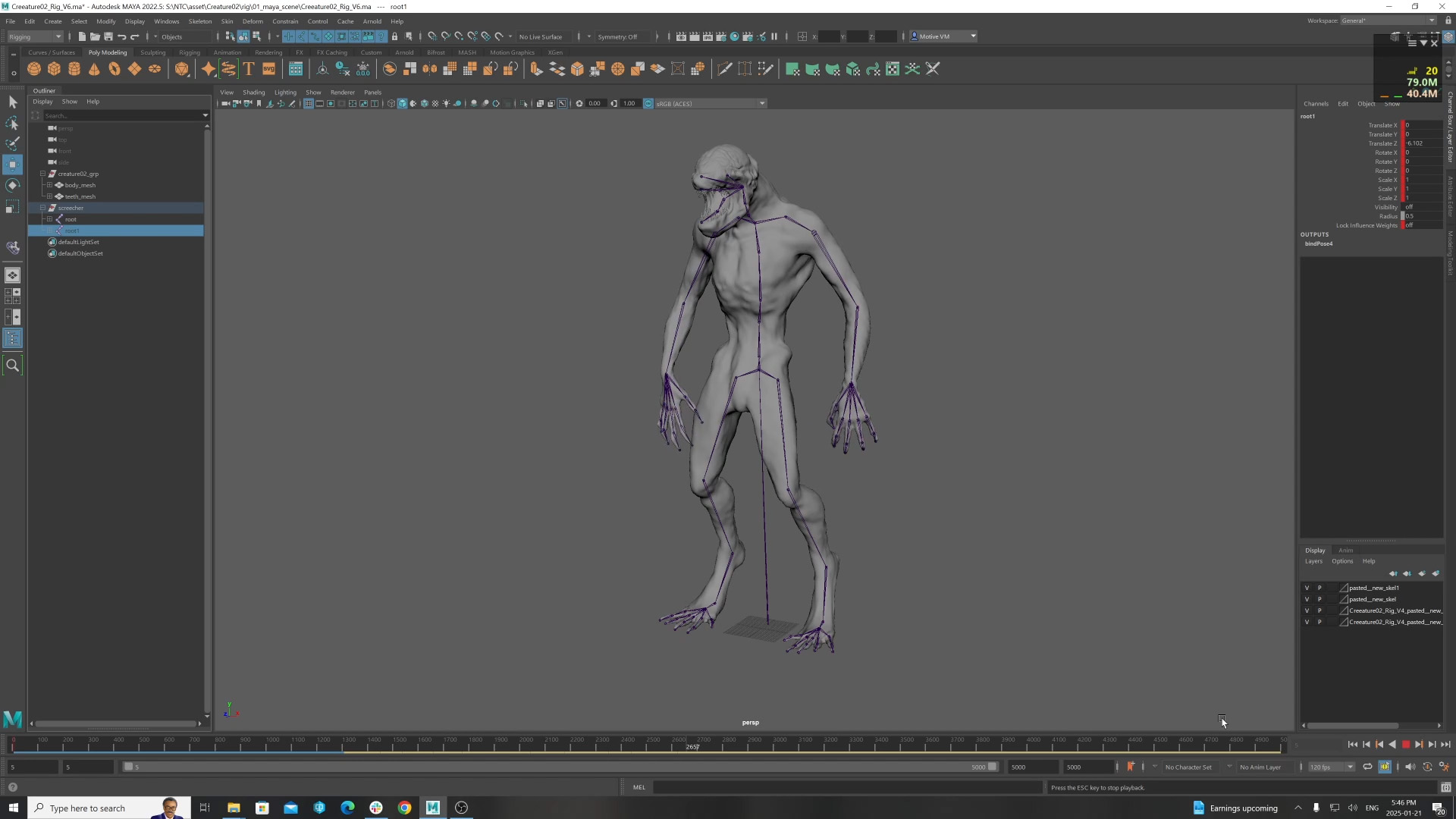 A creature rig with inverted knees and custom arm extensions, following the same skeleton hierarchy convention as humanoid and prop rigs