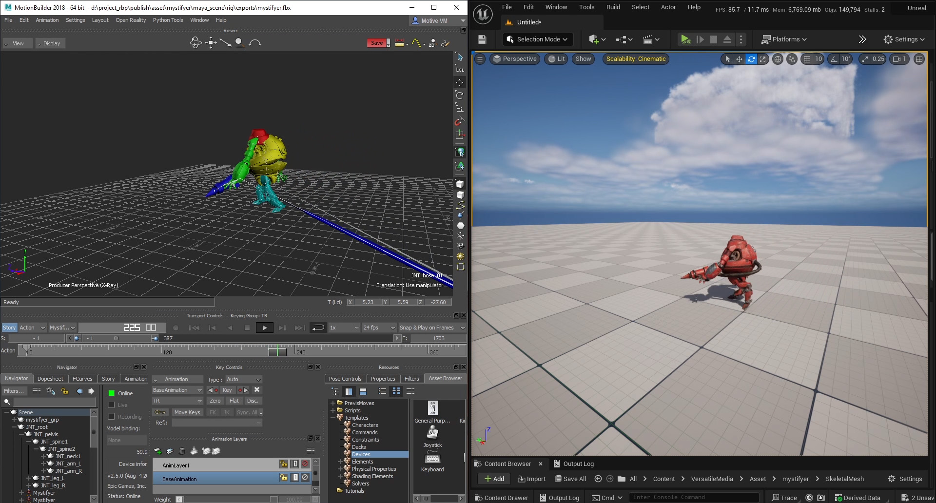 A robot rig built on the standard convention, driven from MotionBuilder (left) and rendered live in Unreal with a Control Rig adding secondary motion to the hose, gun, head bounce, and inverted knees (right)