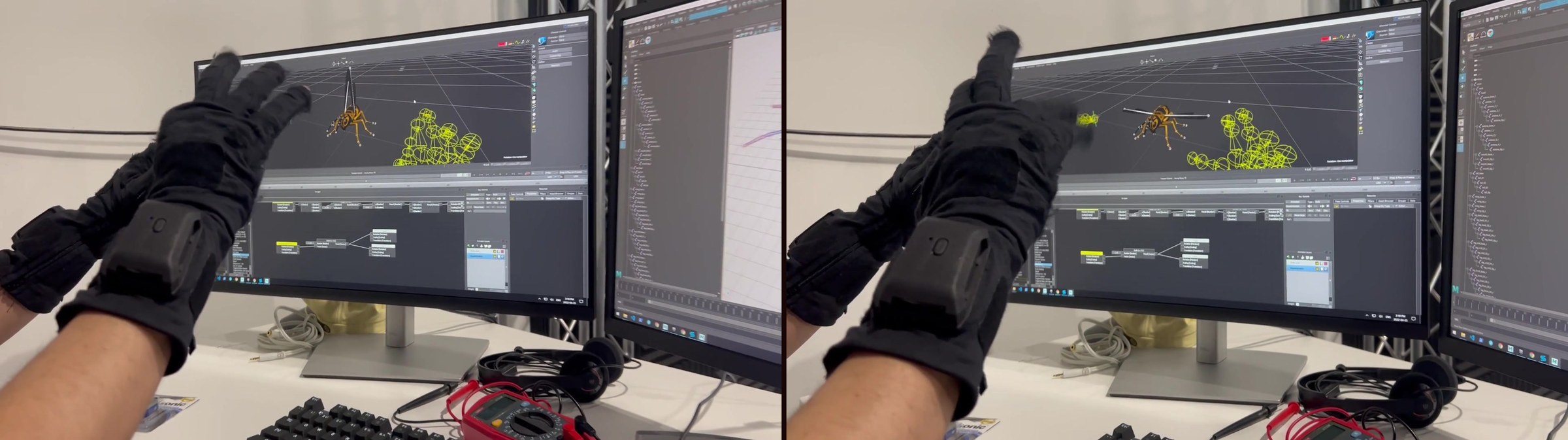 A wasp character rigged for finger-puppeteering: StretchSense gloves drive the wings, with each finger flex translating into a wing flap