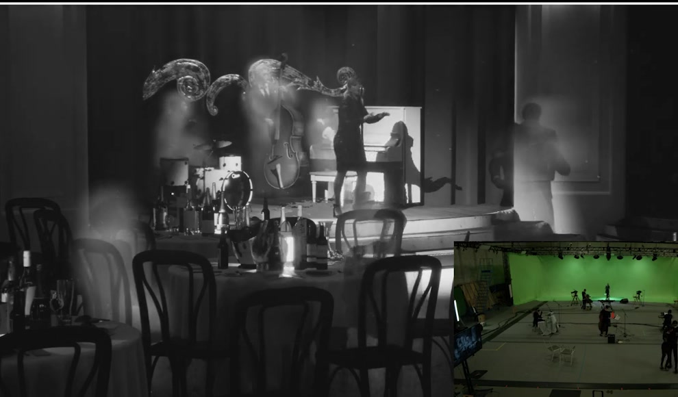 Behind the scenes at the motion-capture volume — a band performer in a marker-tracked MoCap suit (left) alongside the Unreal viewport showing the same performance driving their virtual character on stage at the Palomar (right). Real-time mocap-to-render in front of the camera.