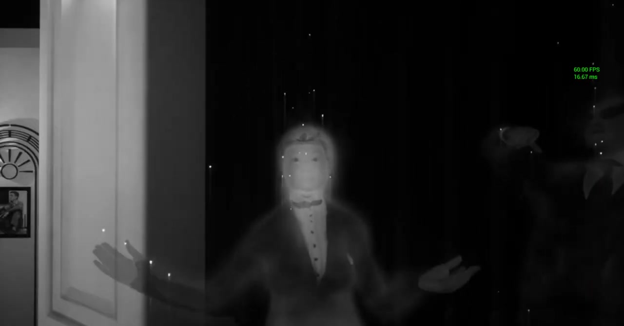 A close-up of one of the Phantom Jazz Band members — the mocap-driven character rendered as a luminous, semi-transparent ghost figure with a soft glow around the silhouette.