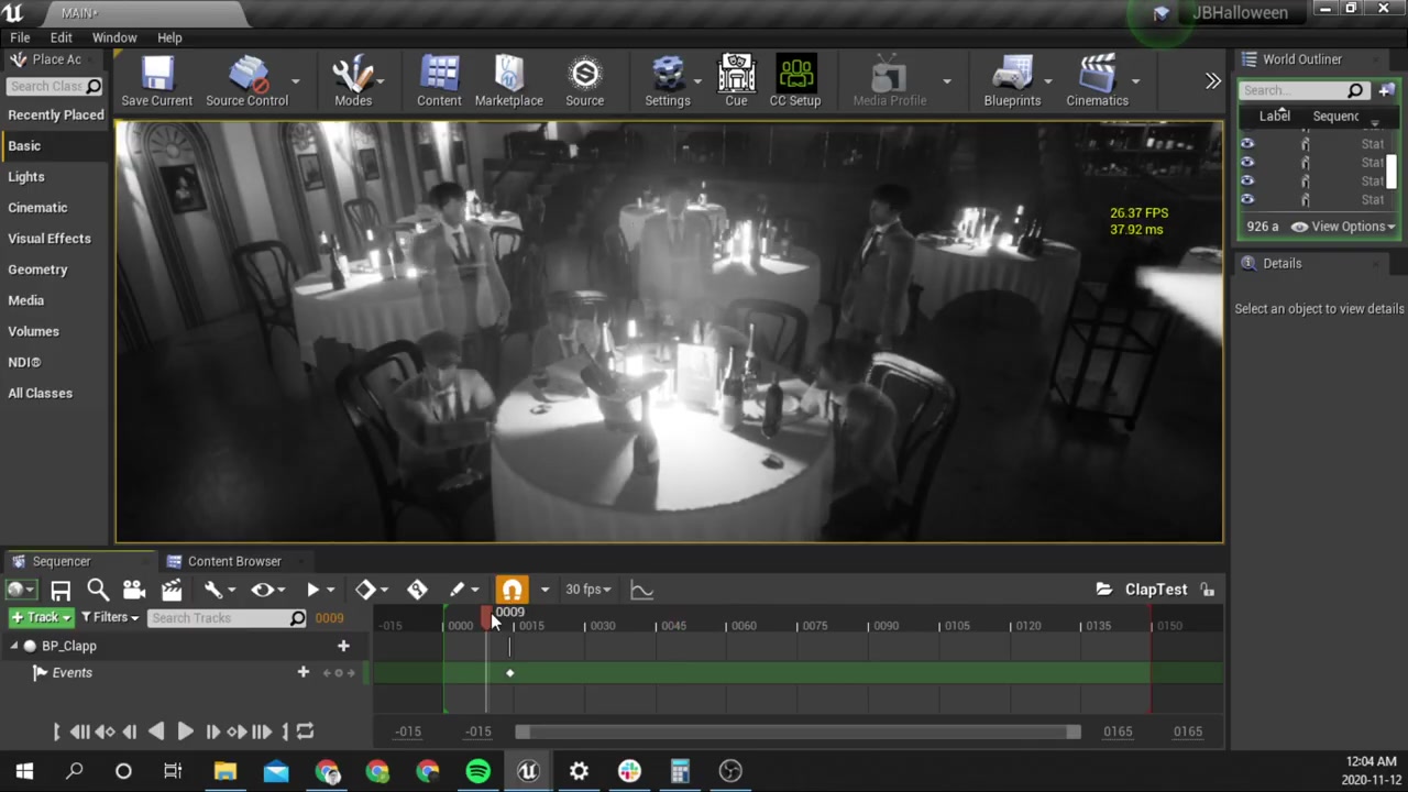 Unreal Engine editor view during a ClapTest pass — multiple NPC patrons seated and standing at the Palomar's candle-lit tables, each driven by its own Animation Blueprint state machine + Behavior Tree. The Sequencer panel at the bottom shows the BP_Clapp event firing the clap state across every patron from a single trigger.