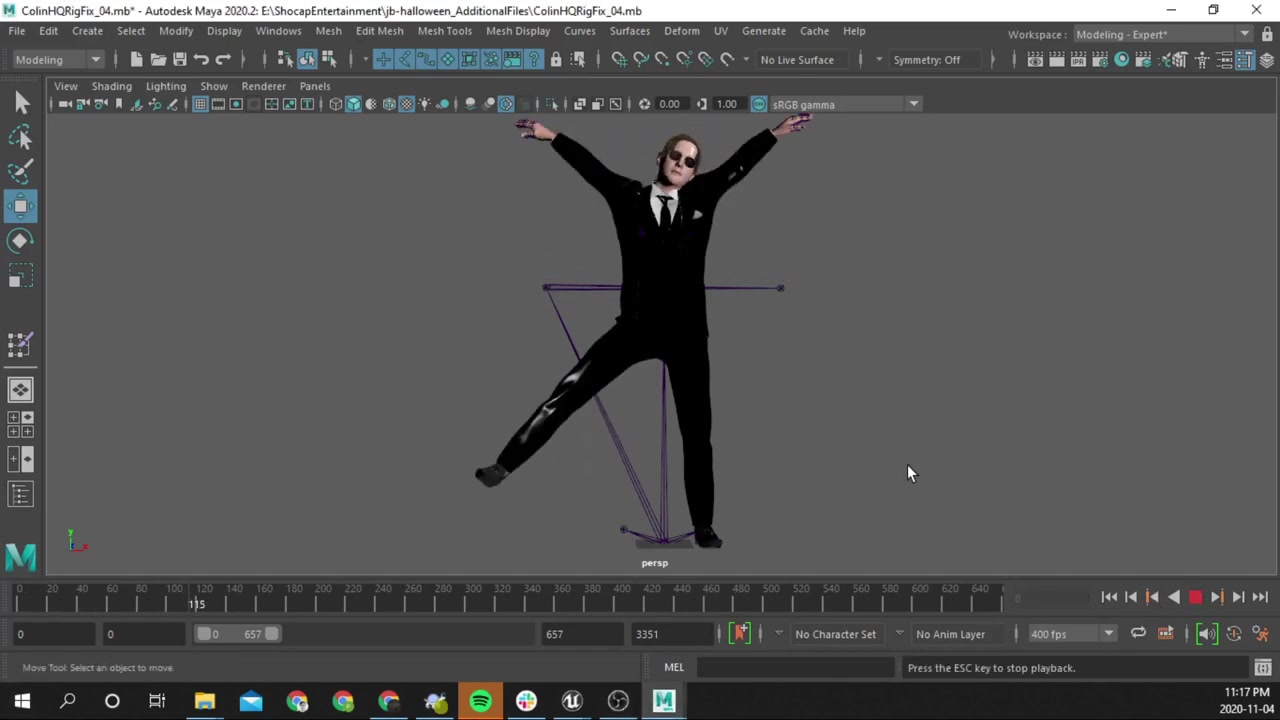 Skinning polish on Colin (one of the audience characters) in Maya — extended into a full stretch with arms raised and legs apart. The pose deliberately stresses the armpit, shoulder, and crotch joints where Character Creator / Daz3D defaults break down, so the corrected skin weights are visible holding cleanly through the deformation.