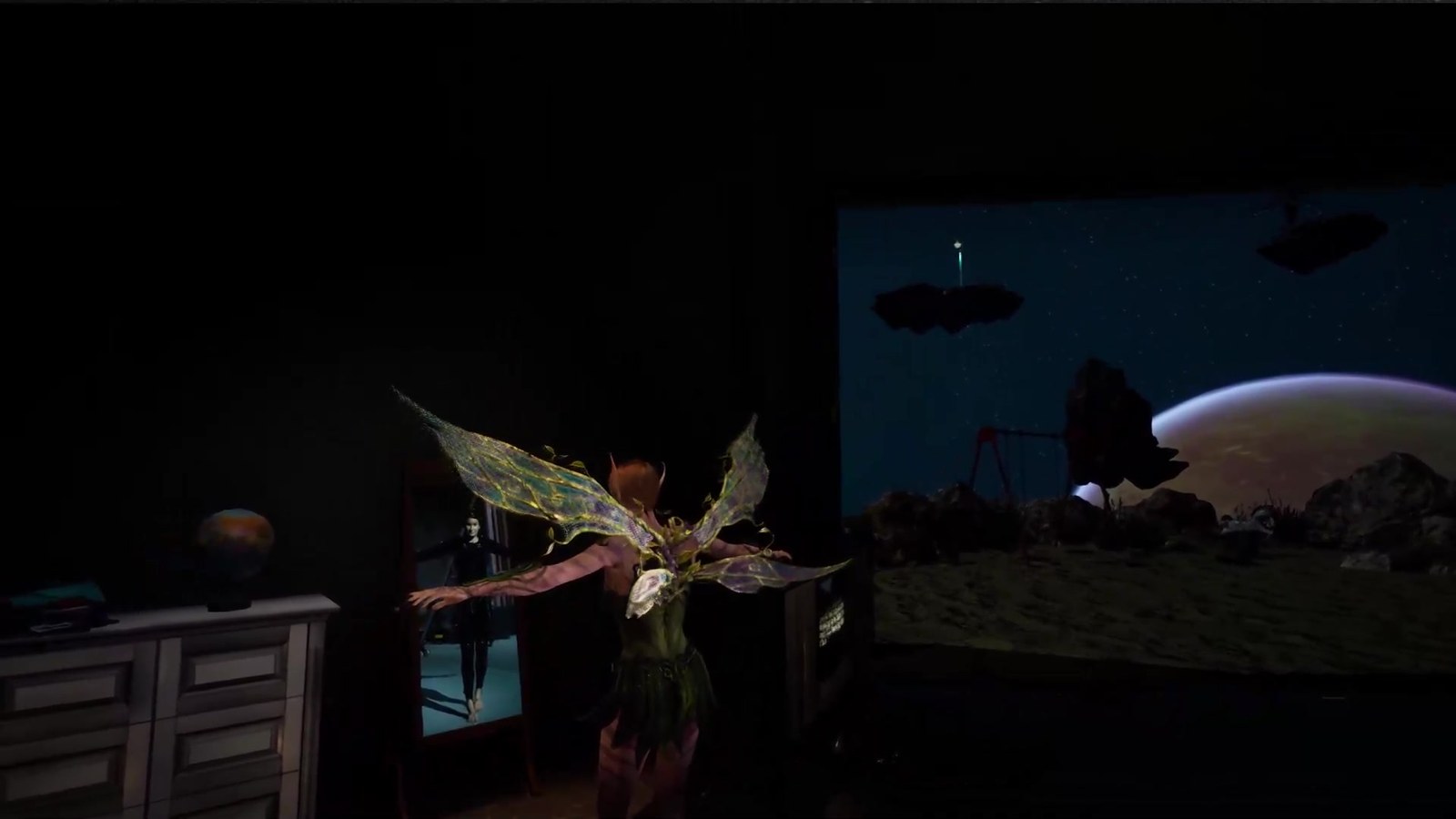 The fairy character in mid-flight, full wings spread, arms outstretched against the Archipelago of Dreams landscape — floating islands, a distant planet rising over rocky terrain, the real performer just visible reflected in a mirror to the left.