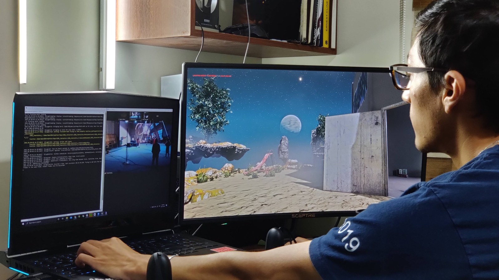 Developing the scene at my desk during the build phase — Unreal Engine open on the right monitor (the Archipelago of Dreams scene with floating islands and rocks), live show preview and engine logs on the laptop on the left.
